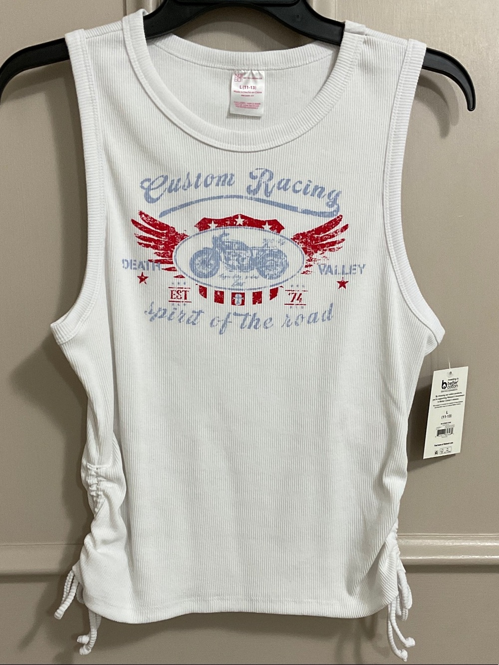 No Boundaries White Tank with Red & Faded Blue Racing Graphic, Large , NWT